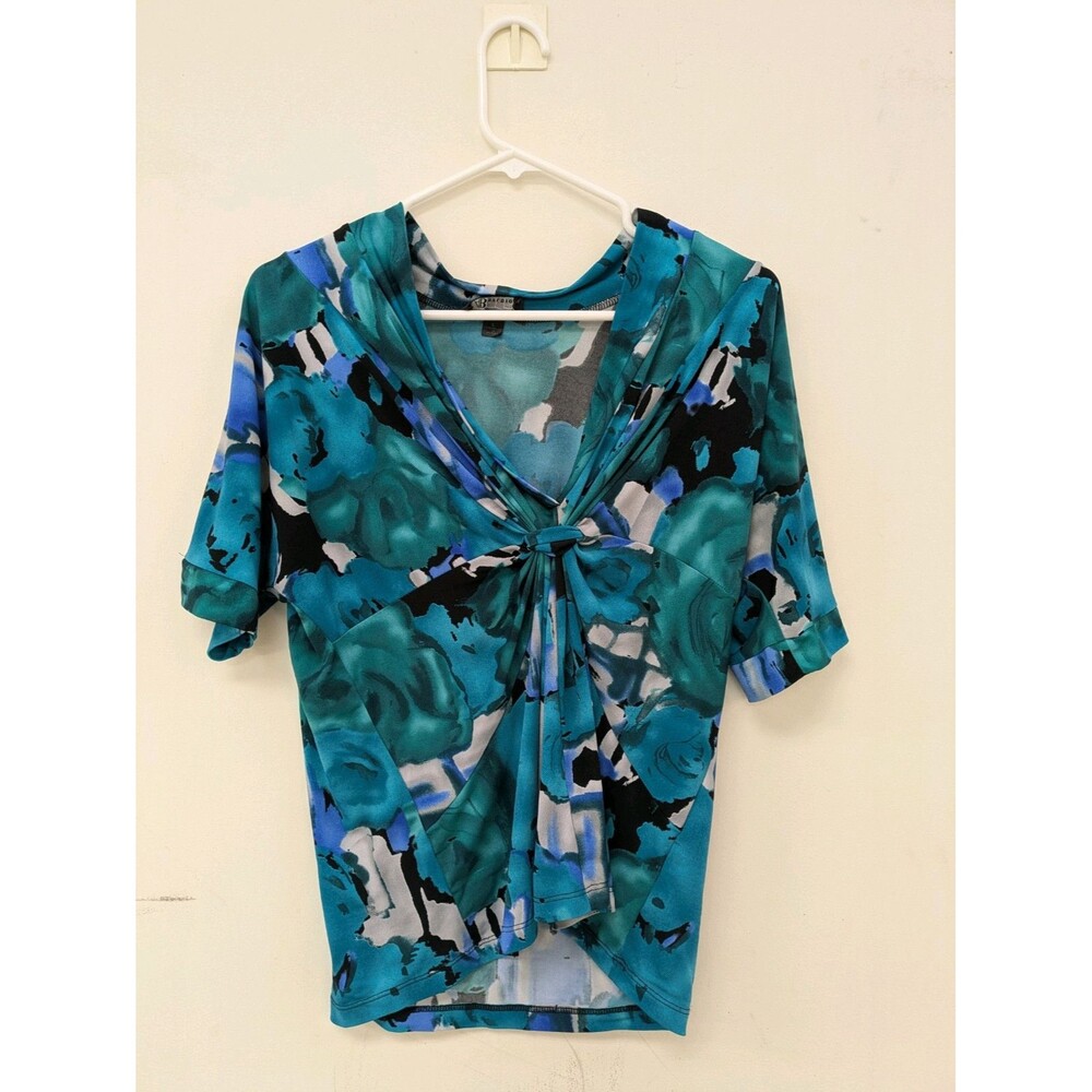 AB Studio Tunic Blouse L Large Multicolor Geometric Ruffle 3/4 Sleeve V-Neck